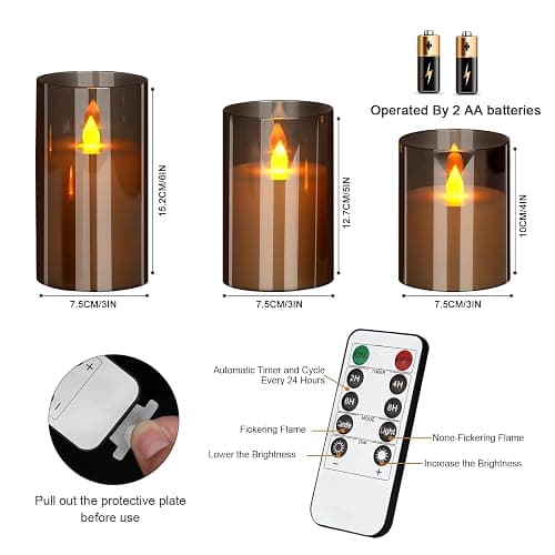 Flameless Candles 4" 5" 6" Acrylic Glass Pillars 3" Diameter Battery Operated Flickering Candles Include Remote with 24Hour Timer Function 400+ Hours by 2 AA Batteries (Gray, Warm Light 12 Pack) thumbnail 6