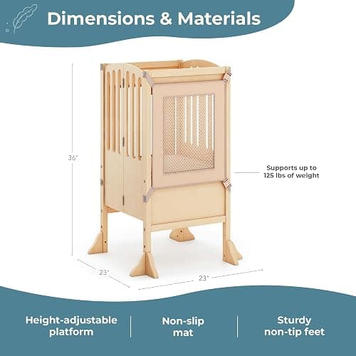 Guidecraft Kitchen Helper® Toddler Tower Step Stool - Contemporary - Natural: Folding Adjustable Height Montessori Wooden Learning Furniture with Keepers thumbnail 2