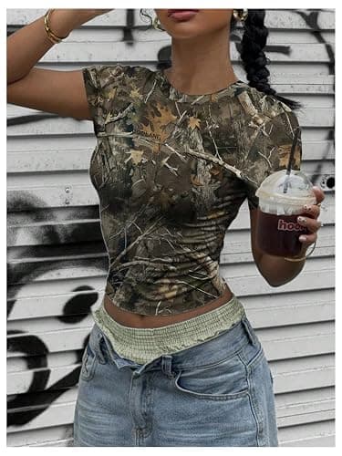 RoseSeek Women's Y2k Camo Maple Leaf Print Crop T Shirts Crew Neck Short Sleeve Slim Fit Tops Grunge Going Out thumbnail 5