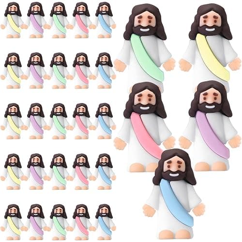 Bememo 25 Pcs Little Jesus Figures Original Design Mini Rubber Jesus Figurine to Hide and Seek Religious Party Favors Sunday Baptism Gifts(Macaron Color) - Image 1