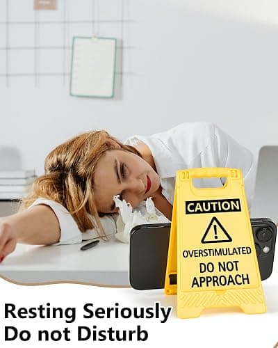 Caution Overstimulated Do Not Approach Funny Reminder Desk Sign Yellow Warning Style Office Table Decorative Gift for Coworker Friend Home Workspace Phone Holder Mirror Acrylic Cubicle Table Sign thumbnail 4