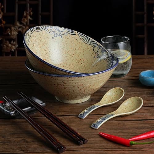 Ramen Schüssel Set 2 x 1200ml Keramik Ramen Bowl mit Essstäbchen und Löffeln,Japanisches Stil Porzellan Geschirr Suppenschüssel Groß Salatschüssel Pho Bowl,Mikrowelle & Spülmaschinenfest,Fisch thumbnail 2
