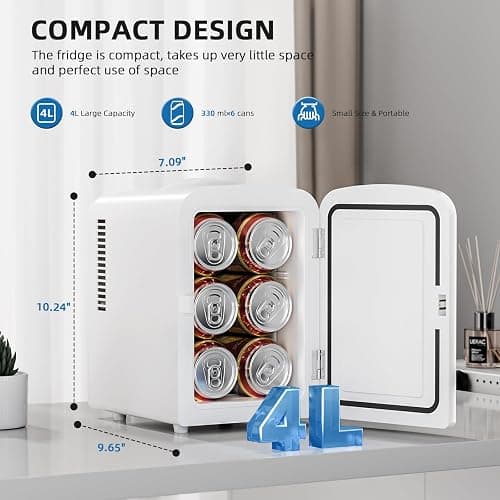 Electactic Compact Refrigerator, Portable Mini Fridge, Skin Care 4L Capacity/6 Cans, for Bedroom, Car, Office & Dorm, Small Cooler for Cosmetics, Beverage and Food, White thumbnail 2