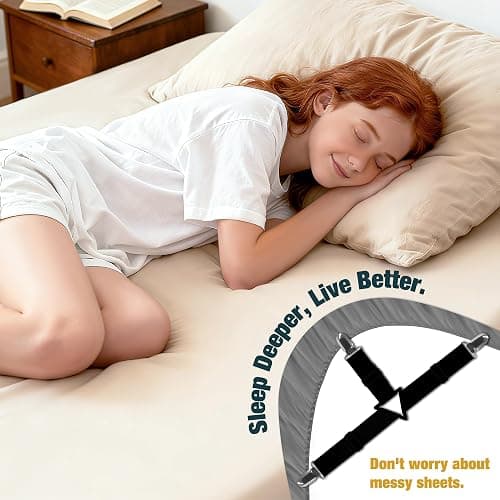 WHISPERING WONDER 4 Pack Bed Sheet Fasteners, Adjustable Mattress Cover Straps with Metal Clips, Elastic Bed Corner Holders, Non Slip Sheet Clips, Black Color thumbnail 5
