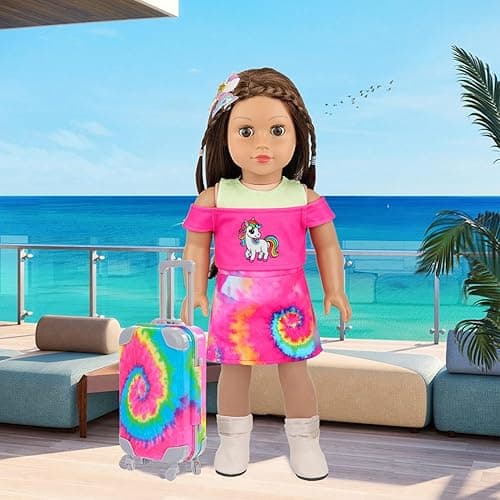 Ecore Fun American 18 Inch Doll Clothes and Accessories, 16 Pcs Girl Doll Clothes and Suitcase Travel Set- Luggage Short Sleeves Skirts Hairband Bag ect (No Dolls) thumbnail 8