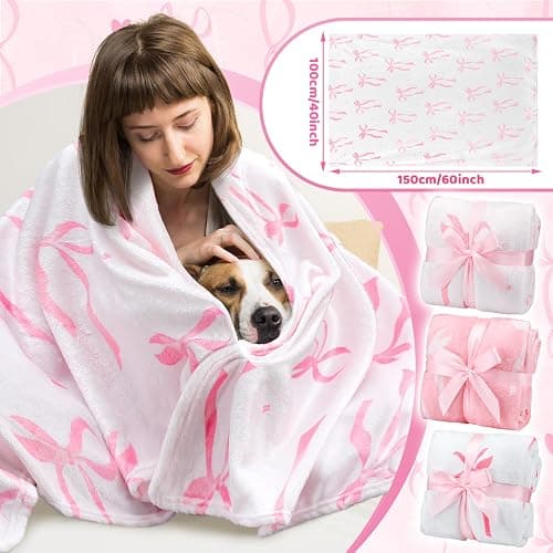 Buryeah 6 Pcs Pink Throw Blanket Preppy Sleepover Blanket 40"x60" Flannel Soft Decor Lightweight Aesthetic Plush Room Decor for Sofa Couch Travel Bed Christmas Decoration(Pink, Bowknot) thumbnail 3