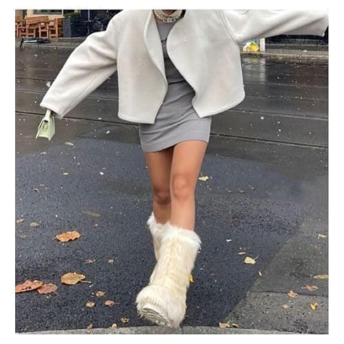 IXU Women's Faux Fur Boot Furry Fluffy Round Toe Suede Snow Winter Women Boots Comfy Plush Warm Short Outdoor Indoor Flat Shoes Mid-Calf Boots thumbnail 2