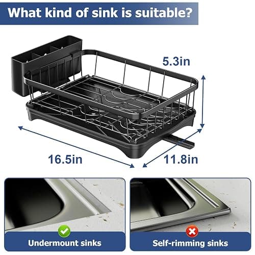arshray Dish Drying Rack Single Layer with Utensil Holder, Adjustable Spout Auto-Draining Dish Rack for Kitchen Counter, Large Capacity for Plates, Bowls, Cups, Dish Drainer with Drainboard,Black - One Tier - Black - Metal thumbnail 2
