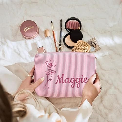 Ajiangwu Personalized Seersucker Makeup Bag with Embroidered Name,Custom Small Cosmetic Bag Travel Toiletry Bag Birthday Christmas Gifts for Teen Girls Daughter (2-Makeup Bag with Birth Flower) thumbnail 8