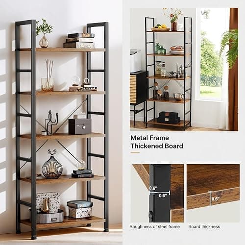 ZEUKMXOO 5 Tier Bookshelf, 62'' Tall Book Shelf, Free Standing Vintage Book Storage Shelves, Wood Bookcase Organizer for Bedroom, Living Room and Home Office, Vintage thumbnail 5