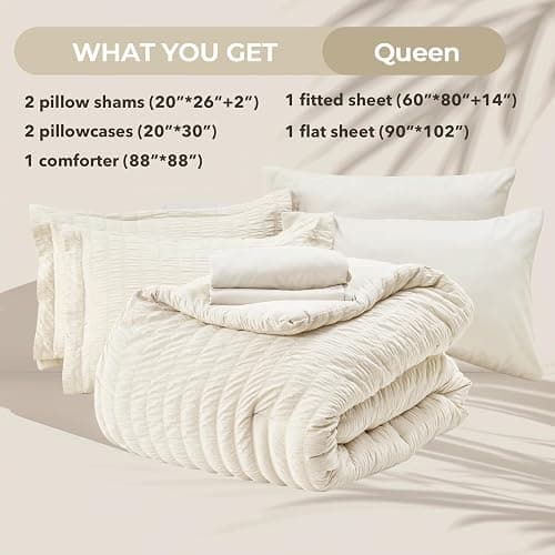 HYMOKEGE Ivory Queen Comforter Set, Seersucker Bed in a Bag Queen 7 Pieces, All Season Luxury Bedding Set with Comforters, Sheets, Pillowcases & Shams thumbnail 6