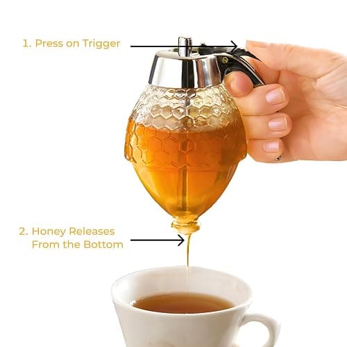 Hunnibi 8oz No Drip Glass Honey Dispenser with Plastic Top - Honeycomb-Style Syrup Server and Bee-Themed Storage Jar with Stand - 6" Clear Container for Honey, Maple Syrup thumbnail 5