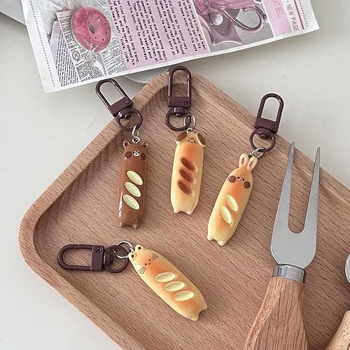 4Pcs French Bread Cute Keychain Key Rings for Backpack Purse - Cat, Rabbit, Dog, Bear Resin Creative Pendant Charms - Kawaii Accessories for Women thumbnail 2