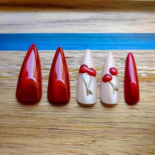 Gleamrain Red Press on Nails Long Stiletto Glue on Nails Almond Shape with 3d Cherry and Cat eye Design for Women and Girls for Christmas Parties Dances or Daily Use 24pcs thumbnail 3