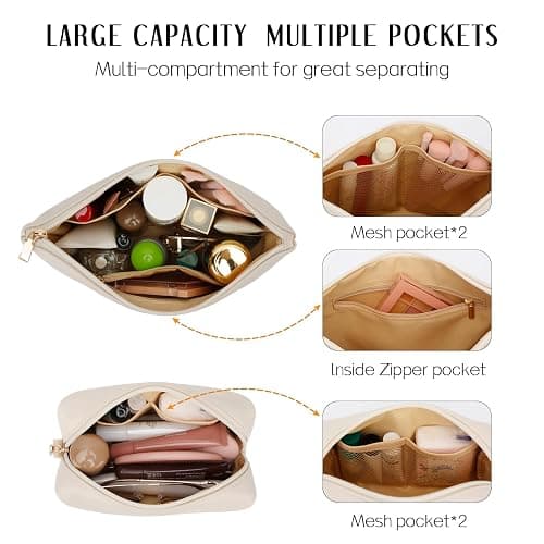 CLOUDWINGS Women Gifts | Initial Makeup Bag Set for Girl Personalized Gifts for Bridesmaid Friend Graduation Teachers PU Leather Cosmetic Travel Toiletry Bag(Beige,L) thumbnail 5