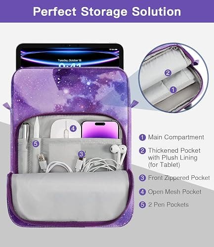 MoKo 12.9 Inch Tablet Sleeve Bag, Fits with 13 Inch New iPad Pro M4 & Air M2 2024, iPad Pro 12.9 M2&M1, Galaxy Tab S8+/S9+ 12.4, Handle Carrying Case with Shoulder Strap, Purple Starry Sky thumbnail 5