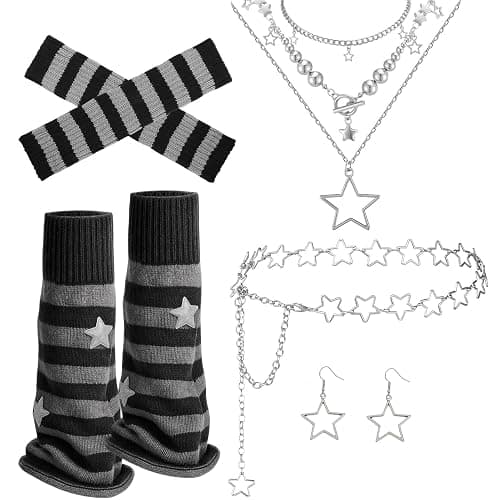 scenicamp Y2K Leg Warmers Emo Accessories Star Arm Warmer Necklace Belt | len()） Star Arm Warmers, Layered Necklaces, Chain Belt, for Rave Outfits, Carnival Cosplay, and Daily Wear thumbnail 4