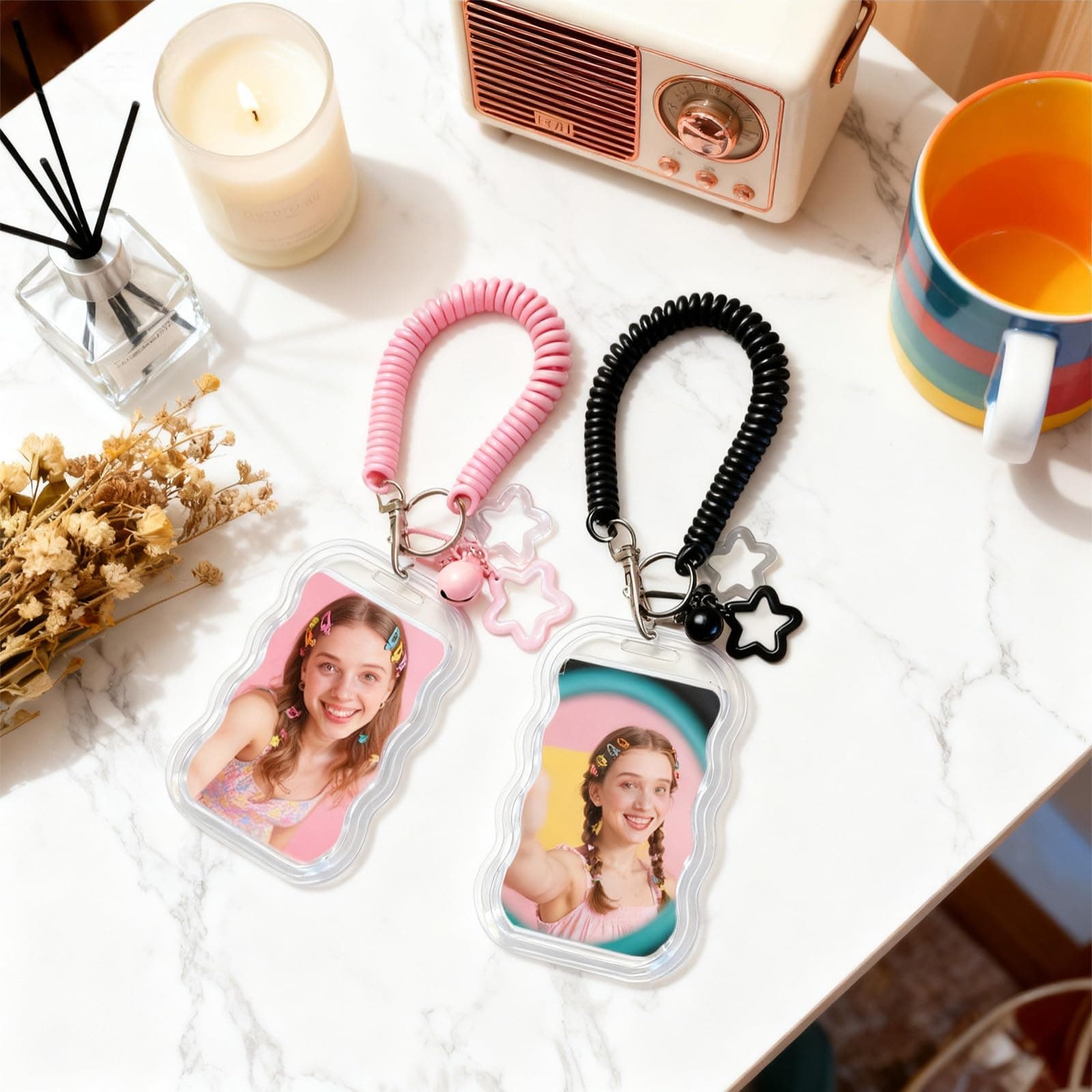 2 Pack Cute Photocard Holder Keychain Kpop Photo Card Holder, Transparent PC Holder with Star Wave Design for Bus Student Card, Creative Photo Protector Keychain thumbnail 6