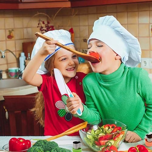 RISICULIS 11 Pieces Wooden Kids Kitchen Knife, Kids Kitchen Set Include Wood Knife, Serrated Edges Plastic Toddler Knife, Crinkle Cutter, Sandwich Cutter, Y Peeler, Cutting Board thumbnail 2