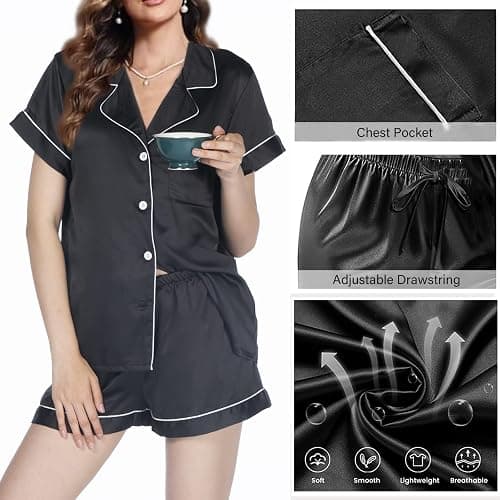 WJing Yi Jia Womens 3Pcs Floral Pajamas Sets Silk Satin Sleepwear XS~4XL Button Down Short Sleeve Shirt Pjs Loungewear thumbnail 3
