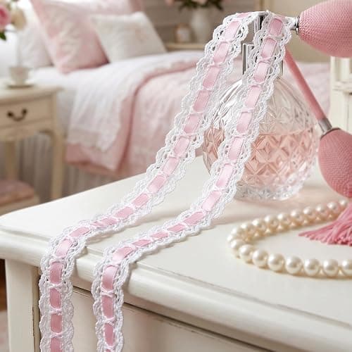 SmallCat 2 Yards Pink Lace Ribbon, Bow Lace for Crafts | Vintage Pink Laces, Stretch Laces Trim for Wrapping, Bouquet Packaging, DIY Crafts, Wedding Decorations, Party Decoration thumbnail 2