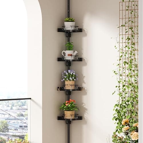 shuang qing 360° Rotating Corner Shower Caddy Tension Pole Organizer - 4-Tier Adjustable Rustproof Metal Pole, Plastic Shelves with Safety Guardrail, Bathroom Storage for Shower & Bathtub(Black) thumbnail 9