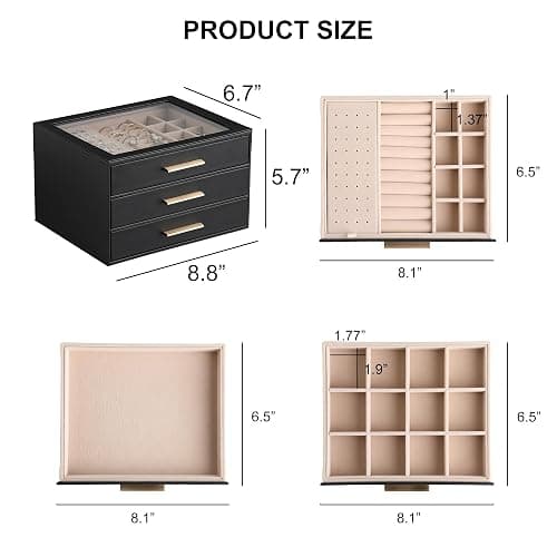 Frebeauty Jewelry Box for Women,Clear Lid Jewelry Organizer with 3 Drawers | Faux Leather,Velvet Lining,3 Layers,Jewelry Storage for Ring Earring Stud,Dustproof Design,Gift Choice,Golden Stylish Handle thumbnail 3