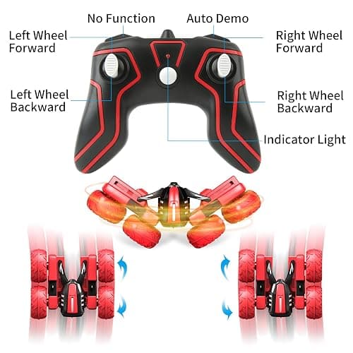 Remote Control Car for 6-12 Years Old Boys Girls Birthdays Present Gift, Hobby RC Car Stunt with LED Light Electric 4WD 2.4Ghz Double Sided Rotating Racing Vehicle 360° Flips Offroad Kids Toy Red thumbnail 4