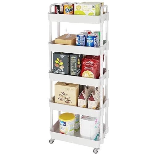Laiensia 5-Tier Rolling Cart with Wheels,Multifunction Utility Storage Carts, Kitchen Storage Organizer,Mobile Shelving Unit for Bathroom,Laundry,with Classified Stickers,White - Image 1