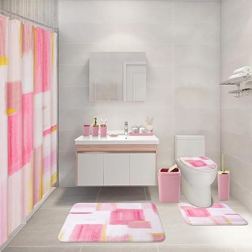 XLHOMO Bathroom Set - Pink and Gold Bathroom Accessories Set, Bathroom Sets with Shower Curtain and Rugs, Pink Shower Curtain Set with Bathroom Trash Can, Soap Dispenser, Soap Dish for Home Decor thumbnail 2