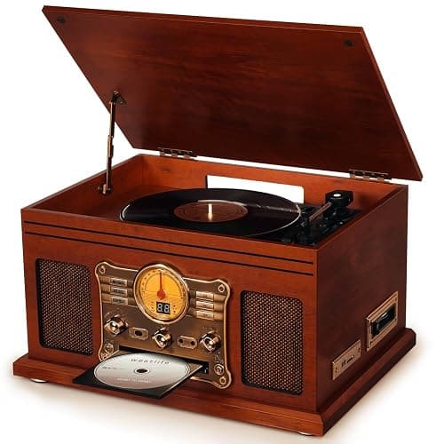 FEKTIK Bluetooth Record Player 10 in 1, 3-Speed Turntable for Vinyl with Speakers, LP to MP3 Converter, CD, Cassette Player, FM Radio, Wireless Streaming | Mahogany - Mahogany thumbnail 8