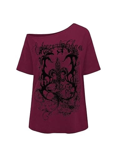 RoseSeek Women's Off The Shoulder Tops Graphic Goth Tee Y2k Vintage Asymmetrical Neck Oversized T Shirts - Image 1