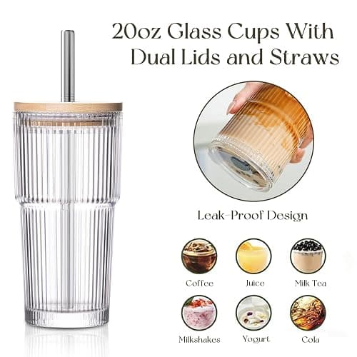 KEMORELA 20oz Ribbed Glass Tumblers with Bamboo Lids & Straws, Boba Cups | Stainless steel straws, bamboo & leak-proof dual lids. 13mm wide straw. Vintage. For boba, iced coffee, smoothies & travel. thumbnail 5