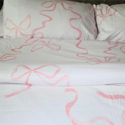 Elegant Bow Bedding Sheets Set – 1 Flat sheet - 1 Fitted sheet - 2 Pillowcovers - Coquette aesthetic, Pink - Soft, Breathable & Cozy Sheet - Bow girly - Bow decor (Pink bows, Queen (U.S. Standard)) - Pink Bows - Queen (U.S. Standard) thumbnail 6