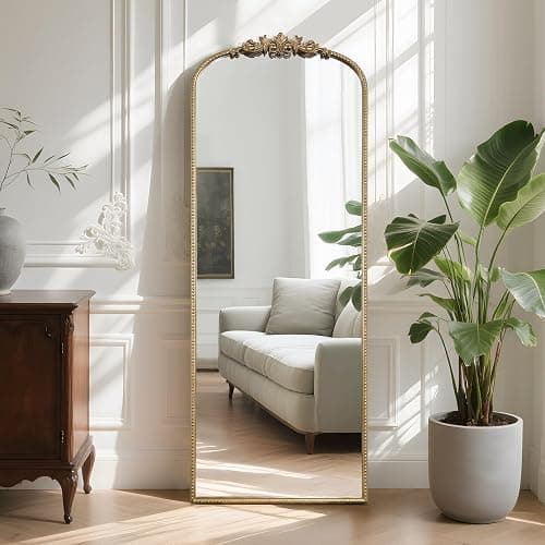 WallBeyond Arched Full Length Mirror Wall Mounted, 21x56 Inch Gold Antique Mirror, Vintage Metal Frame Full Body Mirro for Bedroom, Living Room, Hanging or Leaning thumbnail 4