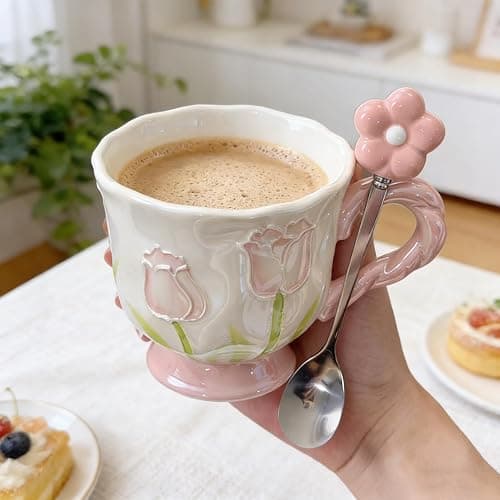 DTIUYIOP Ceramic Coffee MugEspresso Cup 14oz Pink Cute Flower withSpoon | novelty coffee mug，Glazed Ceramic Smooth Glossy Surface Lead ，Comes with Matching Spoon ，cute mugs for women thumbnail 4