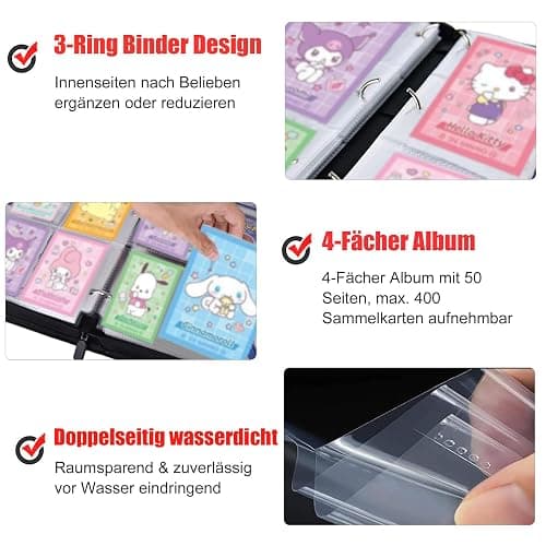 Tarjetero rosa para niñas, 4 bolsillos con 50 fundas para hasta 400 tarjetas coleccionables, bolsa de almacenamiento impermeable con correa para el hombro thumbnail 6
