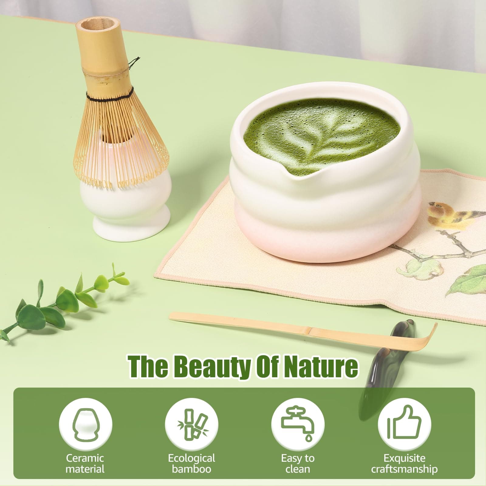 Japanese Matcha Tea Set, Easy to Use, Elegant Green Kit, Smooth Help Relaxing Japanese Tea Making Set, for Matcha Tea Ceremony Home Use (Pink) - Pink thumbnail 7