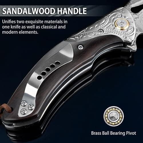 NedFoss GRIFFIN Damascus Pocket Knife for Men, 3.5" Handmade Forged VG10 Damascus Steel Blade Folding Knife with Retro Leather Sheath, Sandalwood Handle, Pocket Clip, Excellent Gifts for Men thumbnail 4