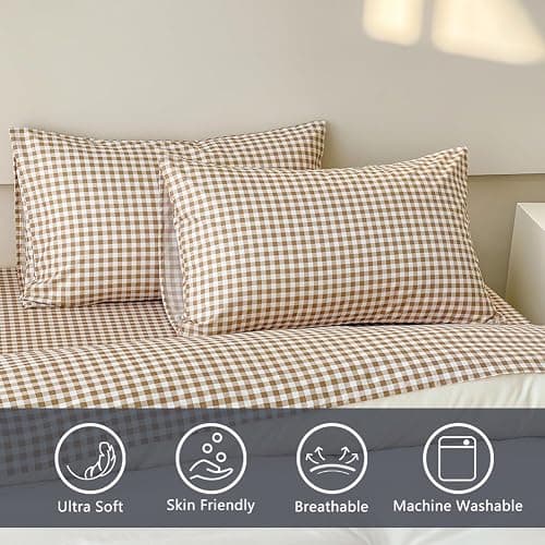 NSNLGSGC Tan Gingham King Sheet Set, Soft Brushed Microfiber Taupe Plaid King Bed Sheets, 4-Pieces Brown Grid Sheet Set with Deep Pocket thumbnail 2