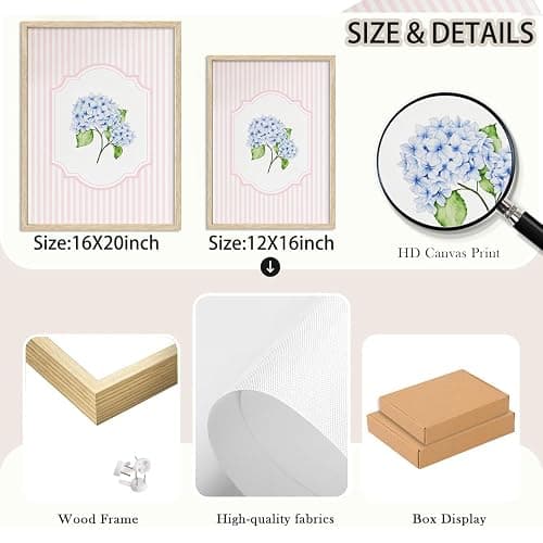 Framed OAK Wood Wall Art Pink And Blue Floral Canvas Artwork | Chinoiserie Flower Pictures Wall Decor Set of 3 Hydrangea Aesthetic Paintings for Bedroom Bathroom Living Room 12x16in thumbnail 5
