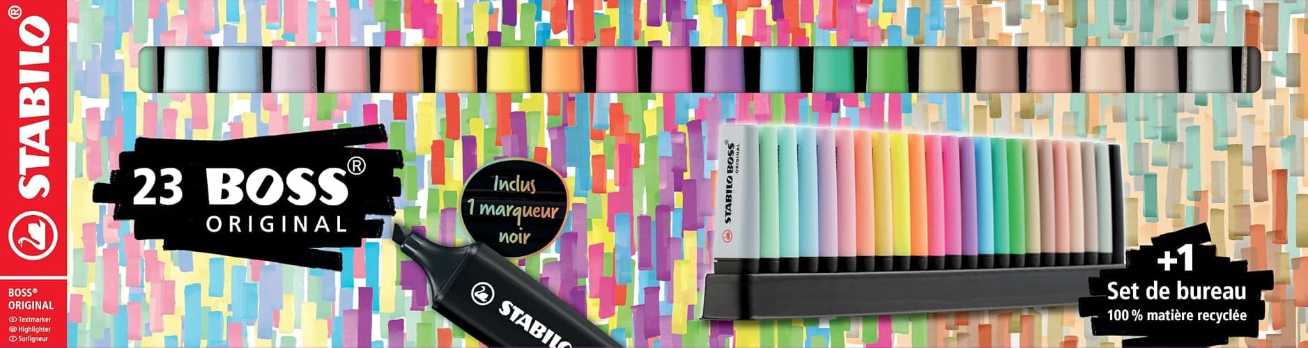 STABILO BOSS ORIGINAL - Surligneur - Set de bureau x 23 Surligneurs - 8 fluo + 8 pastel + 6 couleurs nature + 1 marqueur noir - Set x 23 dont 1 noir - Image 1