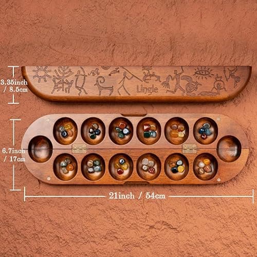 Lingle Deluxe Mancala Set: Real Wood Hinged Board with 48 Natural Multicolor Stones - Authentic African Petroglyphs, Foldable Design for 2-Player Strategy Game thumbnail 3