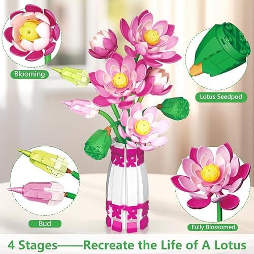 Kiothdre Lotus Flowers Buidling Set - Artificial Lotus Flower Bouquet for Adults Women Girls- Flower Botanical Collection Plant Kit for Home Decor & Display, Gifts for Mother‘s Day Birthday Valentines thumbnail 3