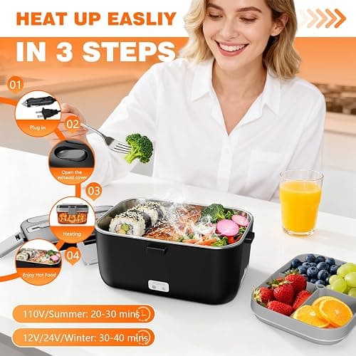 Electric Lunch Box for Adults, 2.8L Double Layer 100W Fast Heated Lunch Box, Heating Food Heater Warmer for Home Office Car Truck Use, Extra Large Lonchera Electrica Portátil 12/24V/110-230V, Black thumbnail 6