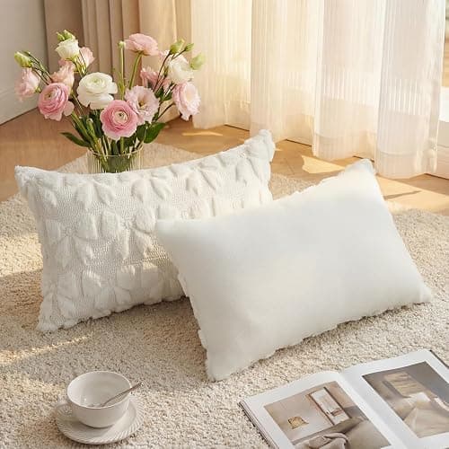 AVOIN colorlife Cream White Bow Throw Pillow Covers Set of 2, 12 x 20 Inch Coquette Room Decor Aesthetic Decorative Soft Plush Faux Fur Jacquard Cushion Case Gift for Girl Bed Sofa thumbnail 6