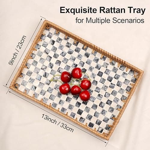 Tynulox Rectangle Rattan Tray with Mother of Pearl Inlay, Rattan Serving Tray with Handle for Coffee, Bread, Fruits, Snacks, Decorative Wicker Tray for Table Decor (Black Checkerboard, 13"×9") thumbnail 3