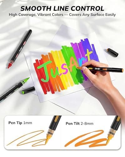 JusArt Acrylic Brush Markers, 72 Colors Brush Tip Acrylic Marker Set, 36 Dual-Tip Water Based No Bleed Markers with Automatic Ink Control for Wood, Rock, Fabric, Canvas, Glass, Eggs & DIY Crafts thumbnail 5