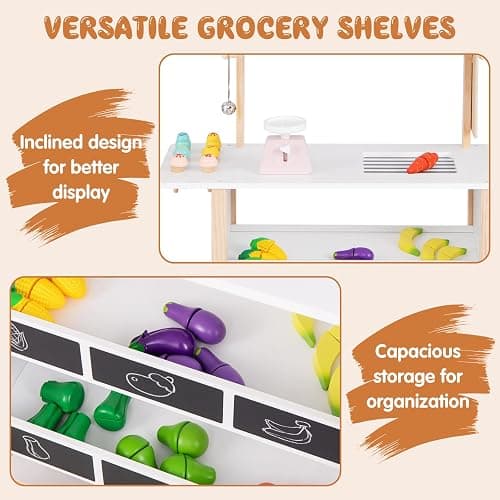 HONEY JOY Kids Ice Cream Cart, Wooden Grocery Store Playset w/6 Pieces Play Food, Realistic Bell & Food Scale, Chalkboard, Pretend Play Dessert Shop Counter Stand Truck, Gift for Boys Girls thumbnail 5