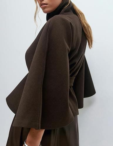 Hooever Women Batwing Sleeve Ponchos Pea Coat Wool Bland Stand Collar Jacket Winter Cropped Overcoat thumbnail 2
